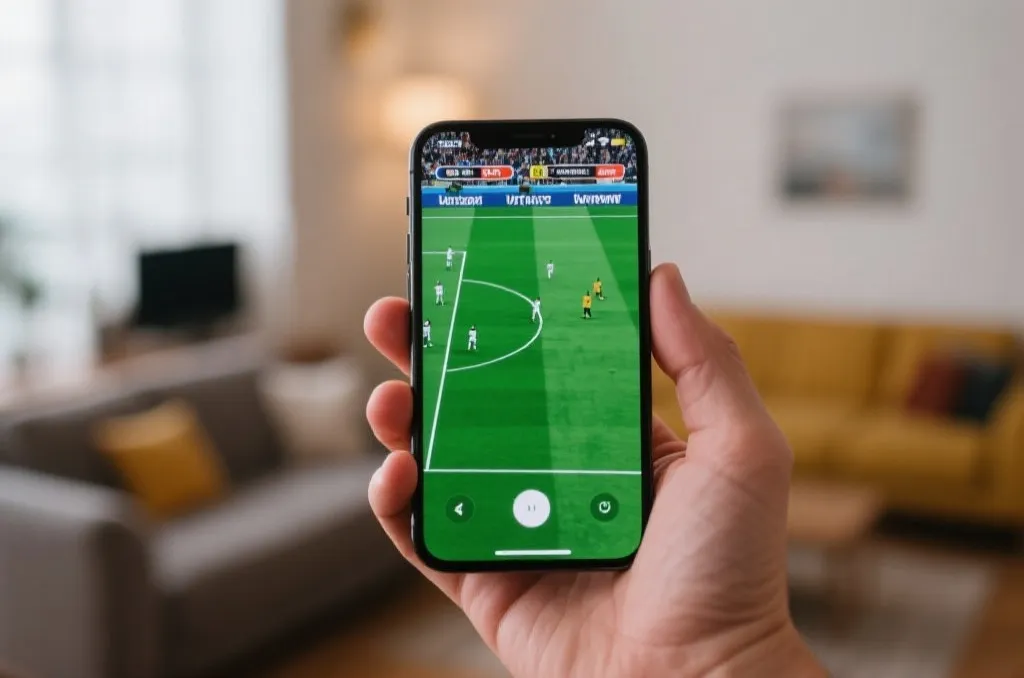 A modern smartphone displaying a live soccer match on screen, held in a hand with a blurred background of a living room